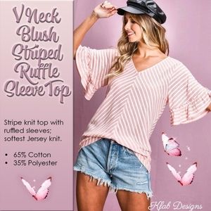 V Neck Blush Striped Ruffle Sleeve Top